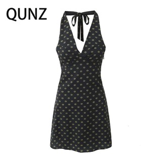 Đầm in lưng cổ chữ V thời trang Qunz 1187