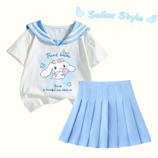 Bộ đồ đi học cho bé gái Bộ cổ áo hải quân Cinnamoroll Bướm Cotton Áo phong cách Preppy Váy xếp ly rắn Đồng phục ngọt ngào Bộ hai mảnh