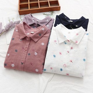 Ice Fresh Bồ Công Anh In Sợi Cotton Dài Tay Áo Sơ Mi Nữ Thu Đông Phong Cách Mới Rời Ôm Hơn Nhìn Áo Sơ Mi Top