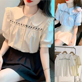 Áo sơ mi thêu cổ búp bê nữ mùa hè cao cấp tay phồng phù hợp với thiết kế áo sơ mi ngắn tay ch0006