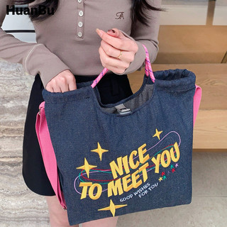 Huan Bu Túi Vải Nữ Mới Thêu Chữ Đeo Ngang Thường Dung Tích Lớn Vai Đơn Chất Lượng Cao Học Sinh Túi nôi