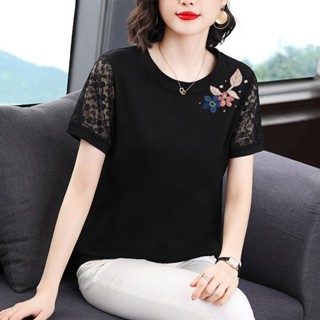 Cotton Nguyên Chất Mùa Hè Phong Cách Mới Áo Thun Nữ Cổ Tròn Thời Trang Trung Niên Size Lớn Mẹ Mặc Phiên Bản Hàn Quốc