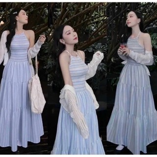 Đầm maxi sọc cổ yếm nhún thun thời trang đi biển dạo phố xinh xắn