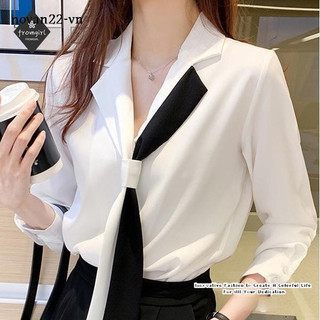Áo sơ mi cổ chữ V dài tay trắng / đen thời trang, phù hợp cho nữ