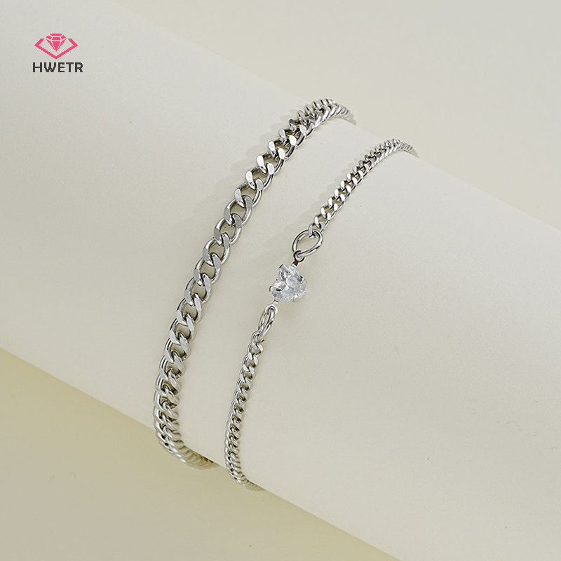 Hwetr Đơn Giản Thời Trang Thép Không Gỉ Vòng Tay Bộ Dành Cho Cặp Đôi Unisex Nữ Nam Nữ Tình Yêu Pha Lê Trái Tim Bạc Dây Xích Vòng Tay Trang Sức Quà Tặng Mới
