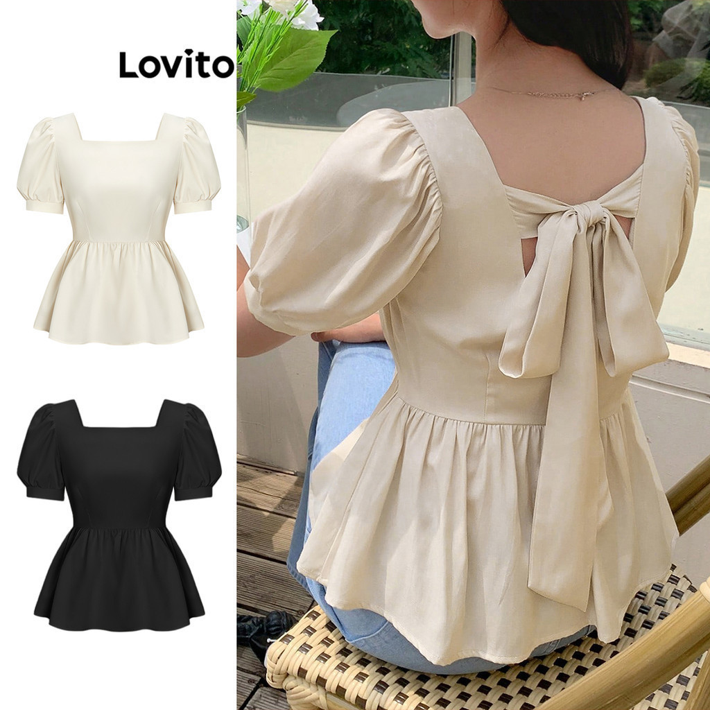 Áo kiểu Lovito nơ sau xếp nếp màu trơn thường ngày cho nữ L68ED016 (Màu mơ) | BigBuy360 - bigbuy360.vn