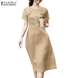 Zanzea Nữ Thời Trang Vintage Tay Ngắn Eo Một Viền Váy Thêu