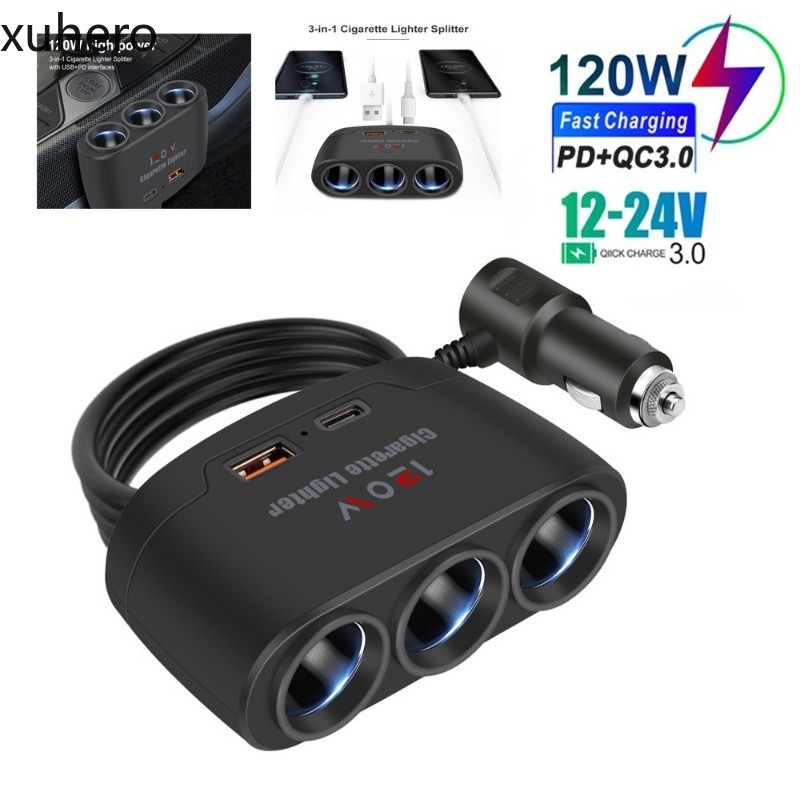 120w Xe Sạc Adapter 12V 24V 3 Ổ Cắm Bộ Chia USB Kép LED Xe Sạc Nhanh Cho iPhone iPad GPS Dashcam