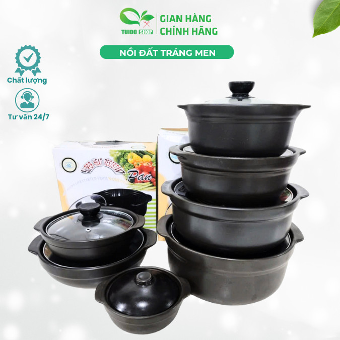 Nồi đất đỉnh sứ tráng men nắp kính chống dính nhiều kích thước - Kho cá, thịt, nấu mì cay TUIDO SHOP