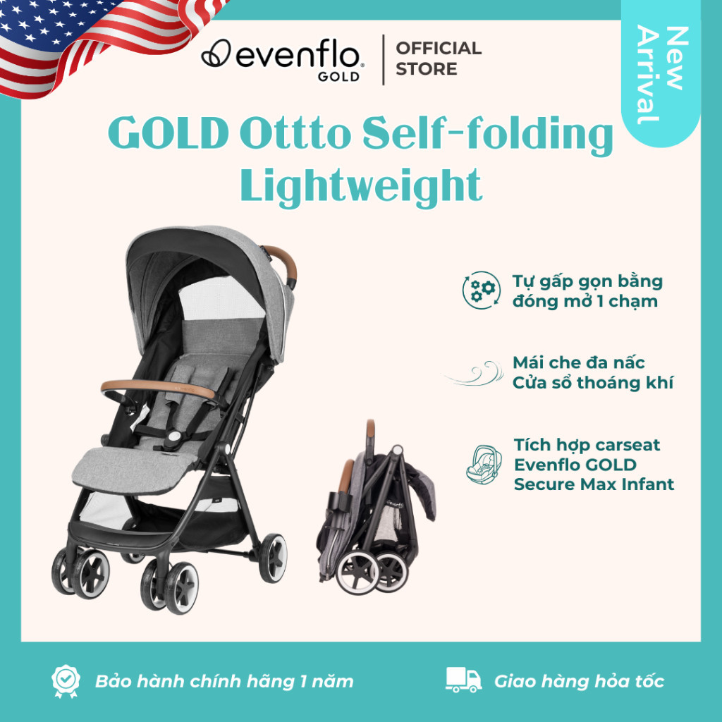 Xe đẩy tự gấp gọn Evenflo GOLD Otto Self-Folding Lightweight tích hợp ghế ngồi ô tô cho bé từ sơ sin