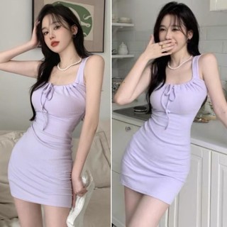 Đầm ôm body dáng ngắn màu tím 2 dây bản to V23 cực xinh dây rút dúm ngực - Sam