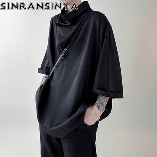 Sinransinya Áo thun nam mới, thời trang cao cấp đường phố cổ điển kiểu Mỹ, màu trơn, lụa băng thiết kế không đều, cổ cọc cao nửa, áo thời trang cặp đôi thanh niên hip-hop đẹp trai