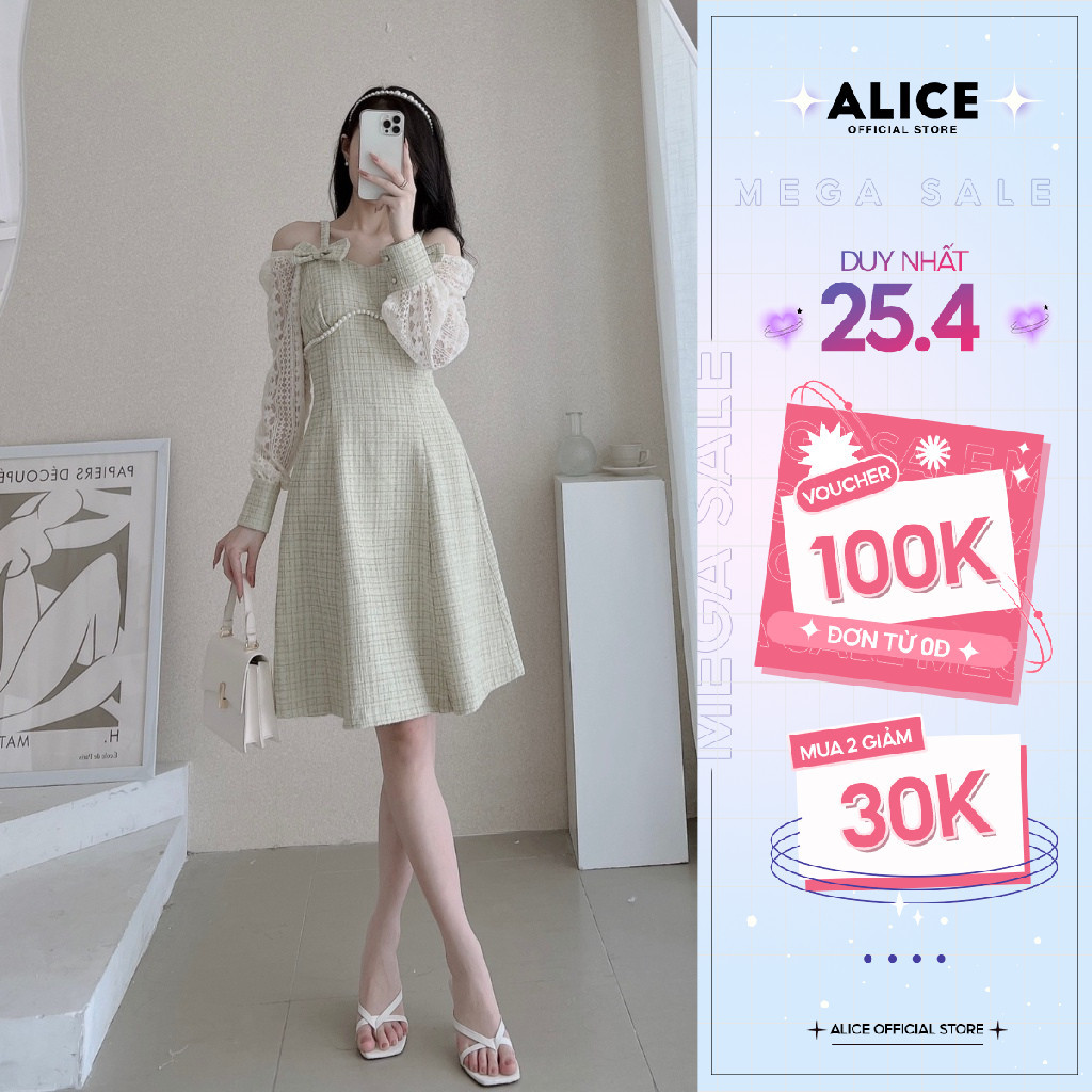 Váy Tiểu Thư Dự Tiệc Phối Tay Ren Eo Đính Ngọc ALICE Dáng Xòe Chất Dạ Tweet Cao Cấp Dày Dặn V756