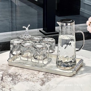 (SẴN) Bộ Bình, Cốc Uống Nước Thủy Tinh Chịu Nhiệt, Bộ Ly Uống Nước Kèm Khay Nhựa Trang Trí - 236