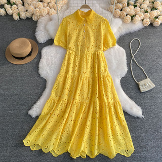 Phiên Bản Hàn Quốc Đầm Mùa Hè Ve Áo Rỗng Thêu Giảm Tuổi Tay Phồng Rời Giữa Chiều Dài Bohemian Kỳ Nghỉ Váy