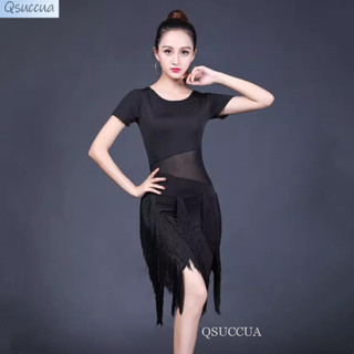 Qsuccua Người Lớn Nữ Khiêu Vũ Latin Gợi Cảm Lưới Khâu Tua Rua Đầm Thi Đấu Hiệu Suất
