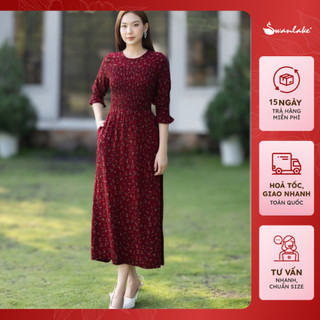  - Váy Đầm Dáng Dài Maxi Nhún Thun Cổ Tròn Tay Bèo Lỡ Dài Eo Bó Chun Họa Tiết In Hoa Nhí Swanlake - D11420