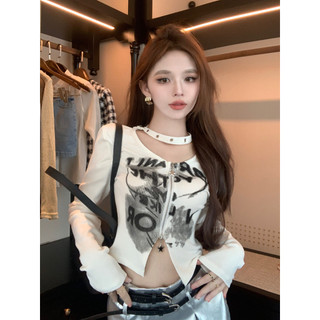Ngắn In Chữ Dài Tay Nữ Top Niche Mùa Thu Áo Thun Dây Kéo Phong Cách Mới Thiết Kế Mỏng Hơn Nhìn Slim-fit 2024 HC8S