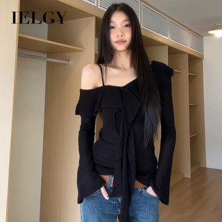 Áo thun một vai màu đen mùa hè IELGY Áo thun nữ phong cách Hàn Quốc