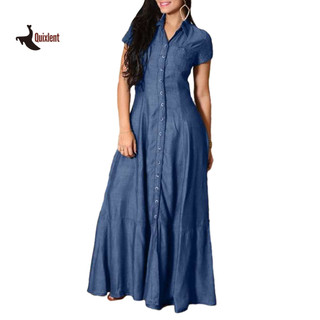 QUIXLENT Nữ Ve Áo Ngắn Tay Denim Đầm Miếng Dán Túi Cao Cấp Ruffle Hem Chữ A