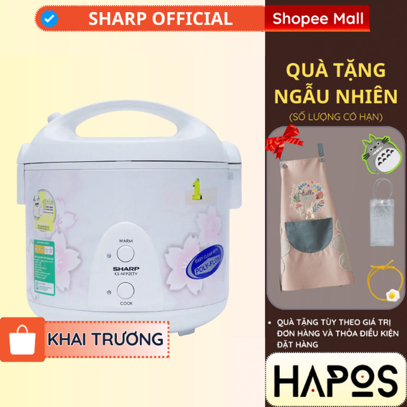 Nồi cơm điện Sharp 1.8L nắp gài Chính hãng, Sản xuất Thái Lan công nghệ nấu 2D KS-N192ETV - HAPOS
