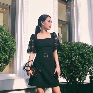 Đầm cổ vuông tay ren loe kèm nịt thanh lịch sang chảnh dự tiệc siêu sang