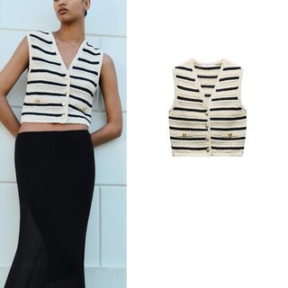 Zara Mùa Hè Sản Phẩm Mới Hợp Thời Trang Phù Hợp Với Thời Trang Cổ Chữ V Ngọt Ngào Không Tay Nút Ngắn Sọc Đan Áo Vest 3991045