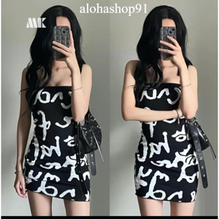  Đầm mk Ống Đen Dáng Ngắn Ôm Body In Chữ Trắng To Sang Chảnh Có Mút Sẵn đầm body in họa tiết siêu tôn dáng alohashop91 
