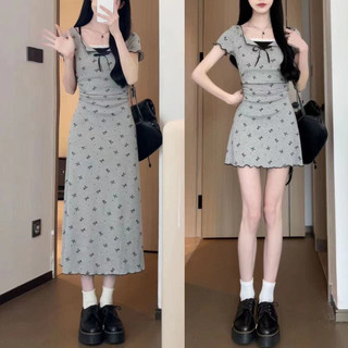 Nơ Đen In Hình Nữ Mùa Hè Cổ Vuông Nhẹ Nhàng Ngọt Ngào Thường Ngày Chắp Vá Váy Đan