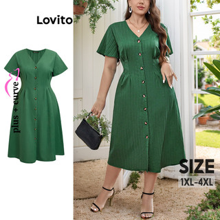 Đầm Lovito jacquard nút trước màu trơn thanh lịch plus size cho nữ LBL08455