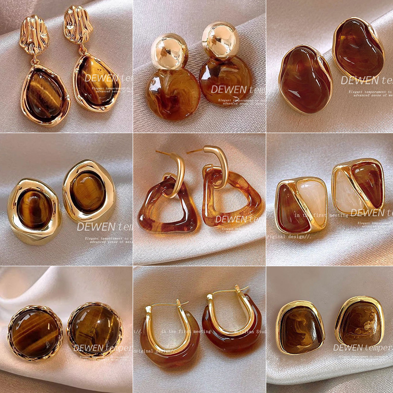 Retro Hổ Phách Màu Cà Phê Bông Tai Niche Phong Cách Mới Nhẹ Sang Trọng Phù Hợp Với Bông Tai Nữ