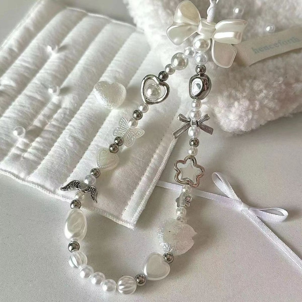 Hàn Quốc Nơ Trắng Dễ Thương Trái Tim Ngọc Trai Hạt Đính Hạt Dây Điện Thoại Cho iPhone Camera Treo Dây Chống Mất Dây Treo Trang Sức