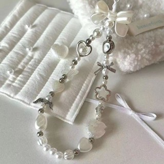 Ins Hàn Quốc Nơ Trắng Dễ Thương Trái Tim Ngọc Trai Hạt Đính Hạt Dây Điện Thoại Cho iPhone Camera Treo Dây Chống Mất Dây Treo Trang Sức