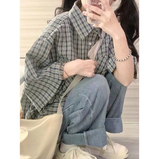 Mùa Hè Phong Cách Mới Retro Xanh Hải Quân Kẻ Sọc Tất Cả Trận Đấu Áo Sơ Mi Nữ Tay Ngắn Rời Áo Sơ Mi Bên Ngoài Mặc Thường Ngày Hàng Đầu