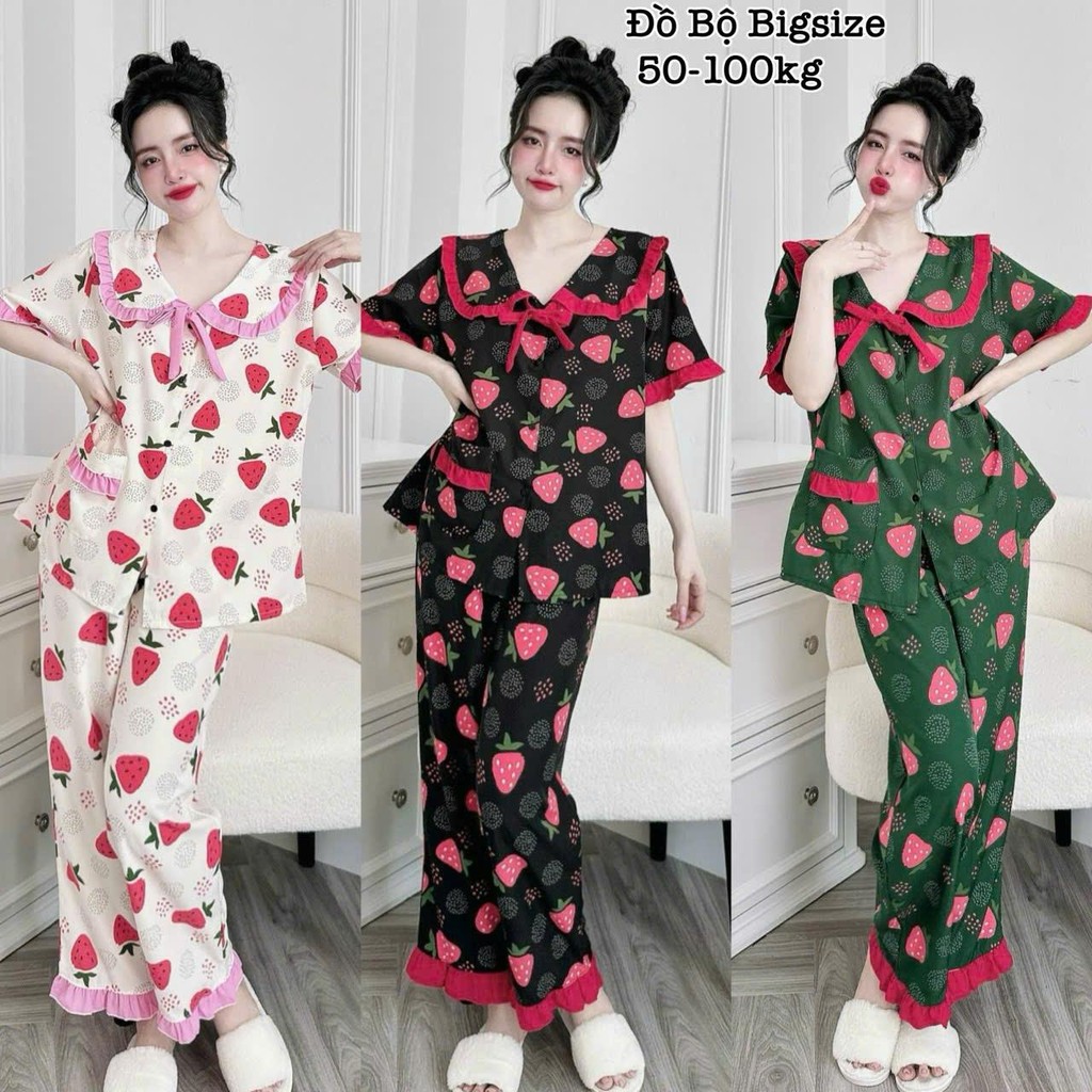 Đồ Bộ Bigsize - Đồ Ngủ Mặc Nhà Pijama Bigsize Lụa Nhật Dài Tay Ngắn Bèo Tiểu Thư Cao Cấp Xinh Xắn 50
