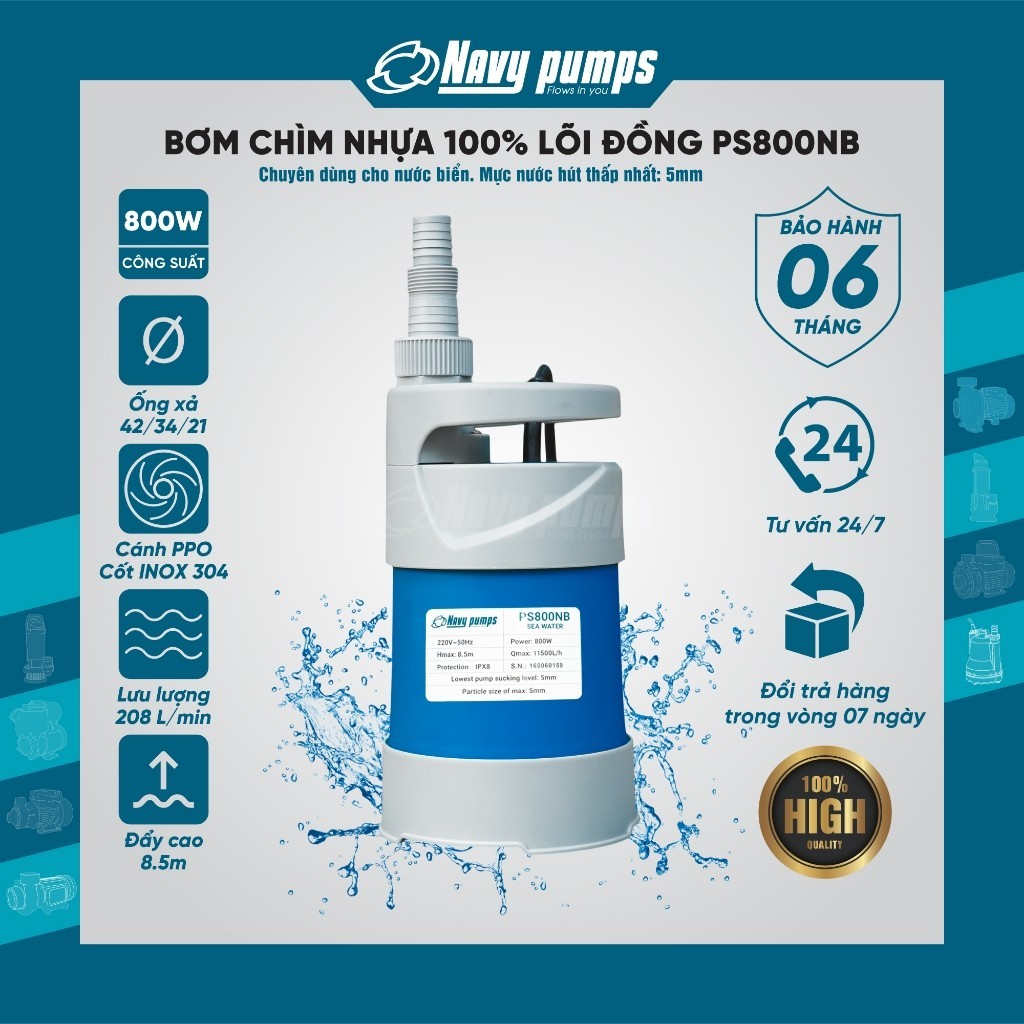 Máy Bơm Chìm Thân Nhựa Chuyên Nước Sạch, Nước Mặn 800W PS800NB Chống Ăn Mòn Mạnh Mẽ, Máy bơm chìm Na