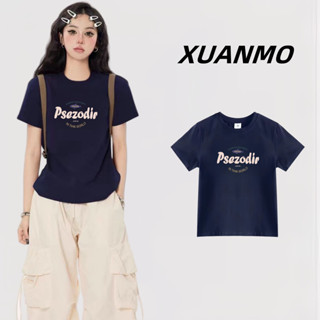 XUANMO Local brand Áo baby tee Áo Thun ôm body Áo y2k 100% cotton Áo thun cổ tròn in chữ 2025 mùa hè mới tay ngắn áo cơ bản