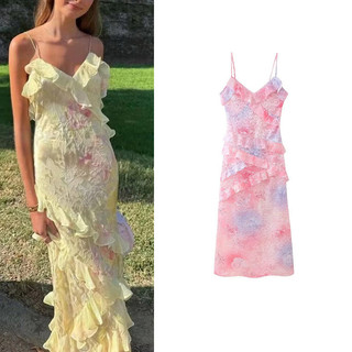 2025 Phong Cách Kỳ Nghỉ Cổ Chữ V Xù Trang Trí Slim-fit Ôm Hơn Nhìn Mỏng Đầm Sling
