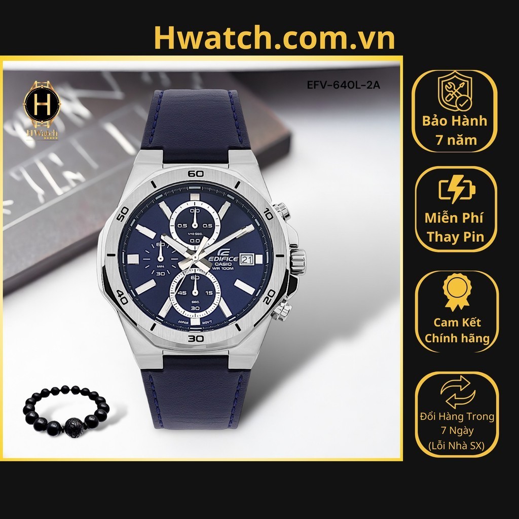 [Có sẵn] [Chính hãng]  Đồng Hồ Nam Casio Edifice Pin EFV-640L-2AUDF Dây Da Mặt Xanh HwatchAuthentic