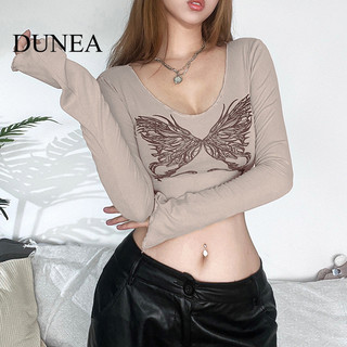 Áo thun Crop cổ tròn dài tay thời trang gợi cảm DUNEA dành cho nữ