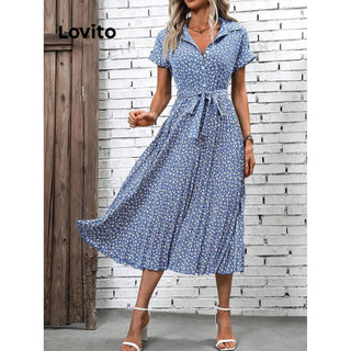 Đầm Lovito cài nút họa tiết hoa nhí buộc dây phía trước phong cách thường ngày dành cho nữ LBL11155