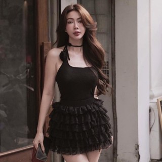 Set áo yếm dây kèm hoa phối chân váy ren tầng set đồ thiết kế dáng xoè bồng đi biển VALUNA S79