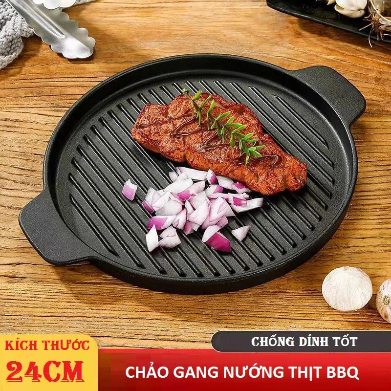 Chảo gang- nướng thịt BBQ thơm ngon, kích thước chảo 24cm, chống dính tốt - khay nướng thịt