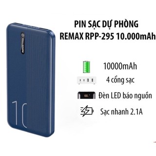 Cục sạc dự phòng tích điện chính hãng Remax sạc nhanh 2.1A lõi Polymer 2 cổng sạc vào, RPP295 RPP 295 10.000mAh  2024