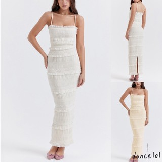 Dance1o1-nữ lệch vai Màu trơn Ruffle Party Sling Đầm dài