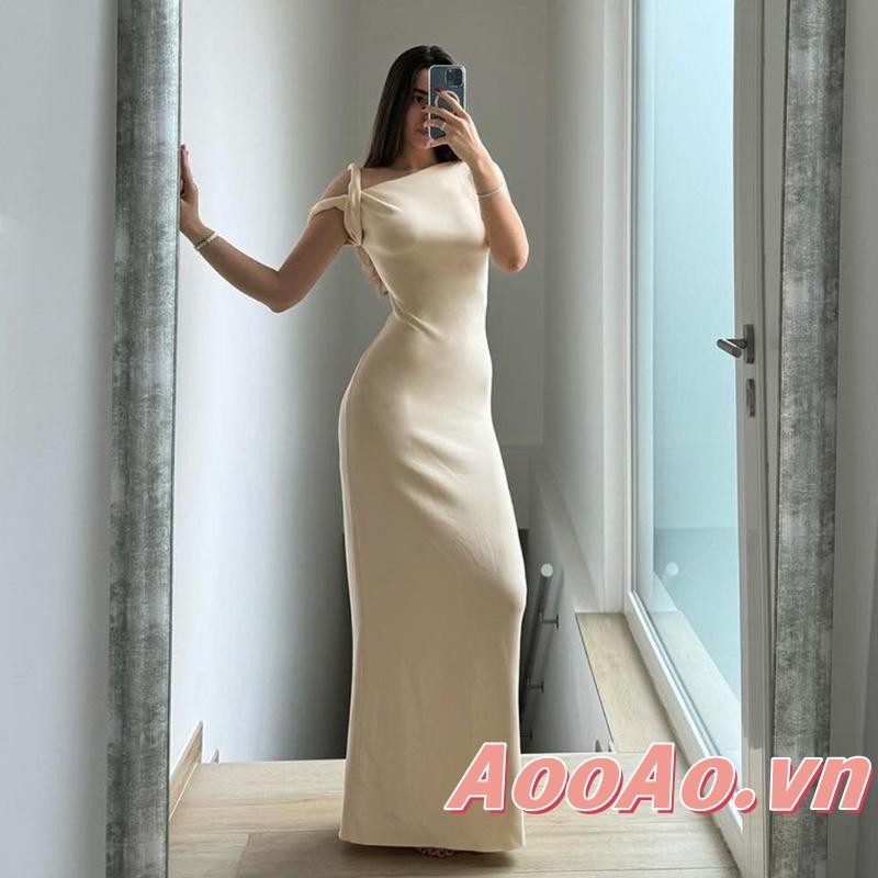 Aooao-nữ Váy dạ hội dài tay ngắn cổ xẻ dáng ôm không đều