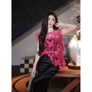 Áo sơ mi ren không tay cổ tròn có móc hình bướm rỗng, Áo kiểu phương Tây mới dành cho nữ mùa hè