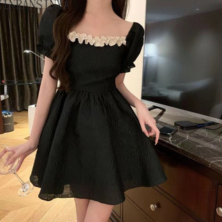 Sinransinya Váy nữ kiểu Pháp nơ hở lưng cổ vuông tay phồng váy eo váy phồng