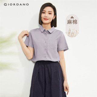 GIORDANO Nữ Áo Sơ Mi Linen Cotton Nhẹ Áo Sơ Mi Túi Đơn Cổ Tròn Tay Ngắn Thời Trang Áo Sơ Mi 05344471