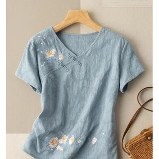 Mùa Hè Phong Cách Mới Nữ Thêu chéo Cardigan Khóa Cotton Vải Lanh Áo Thun Văn Học Retro Linen Top